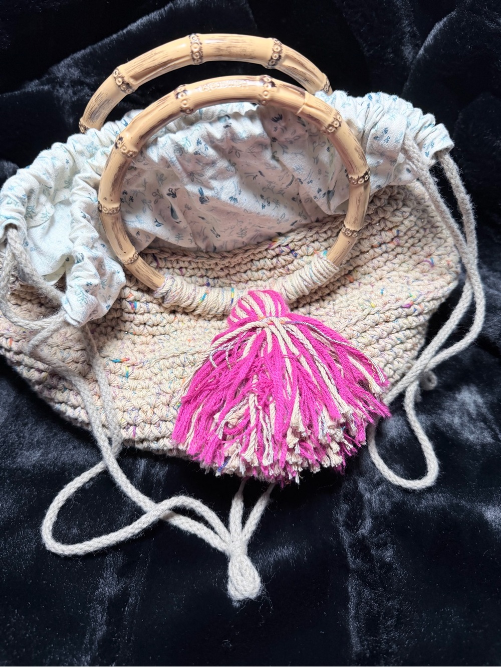 Beige Crochet Tote with Bamboo Handles and Pink Tassel